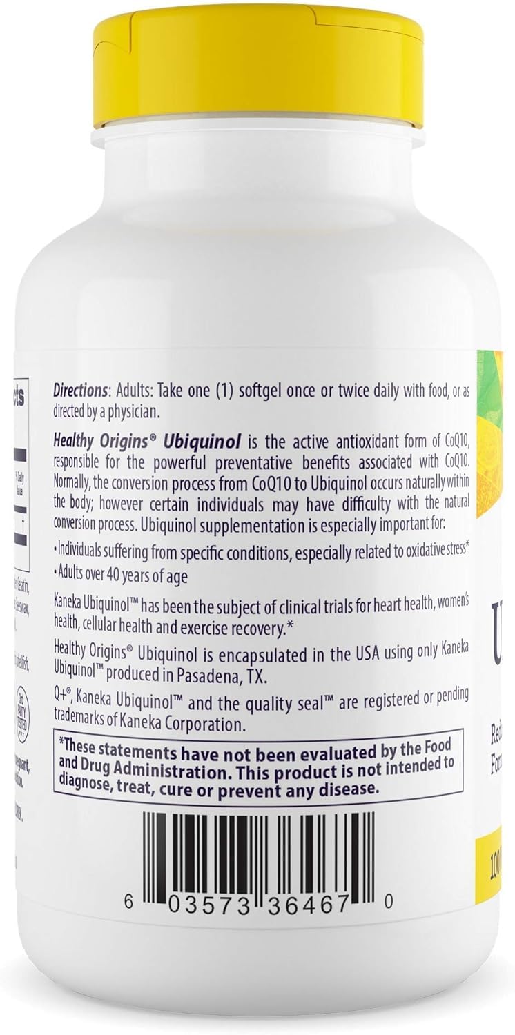 Healthy Origins ubiquinol softgels close-up in a clear bottle