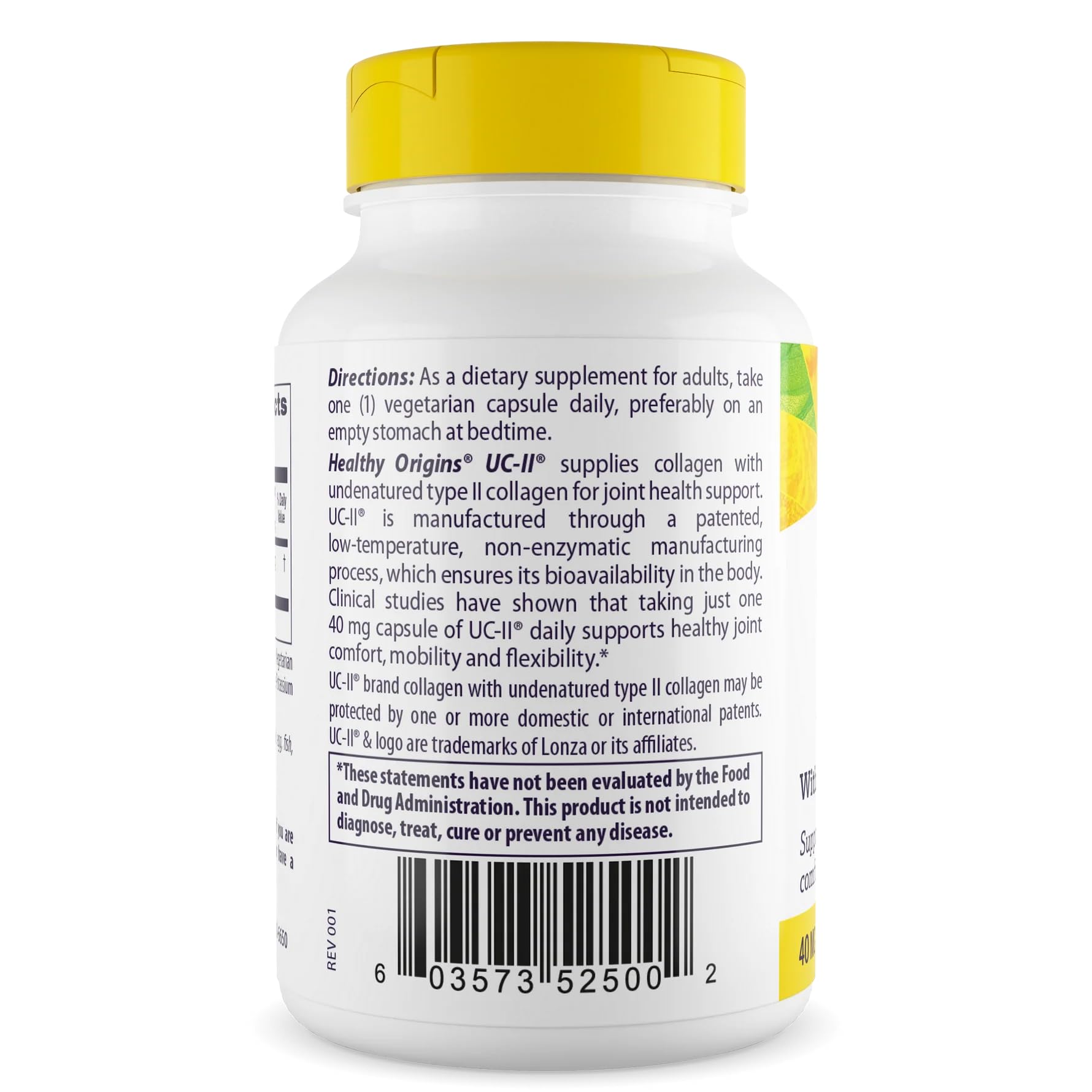 Healthy Origins UC-II bottle back label highlights gluten-free and non-GMO formulation