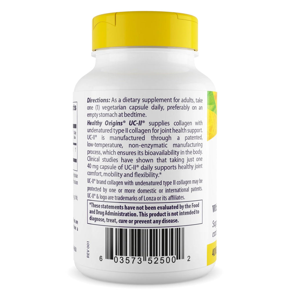 Healthy Origins UC-II bottle back label highlights gluten-free and non-GMO formulation