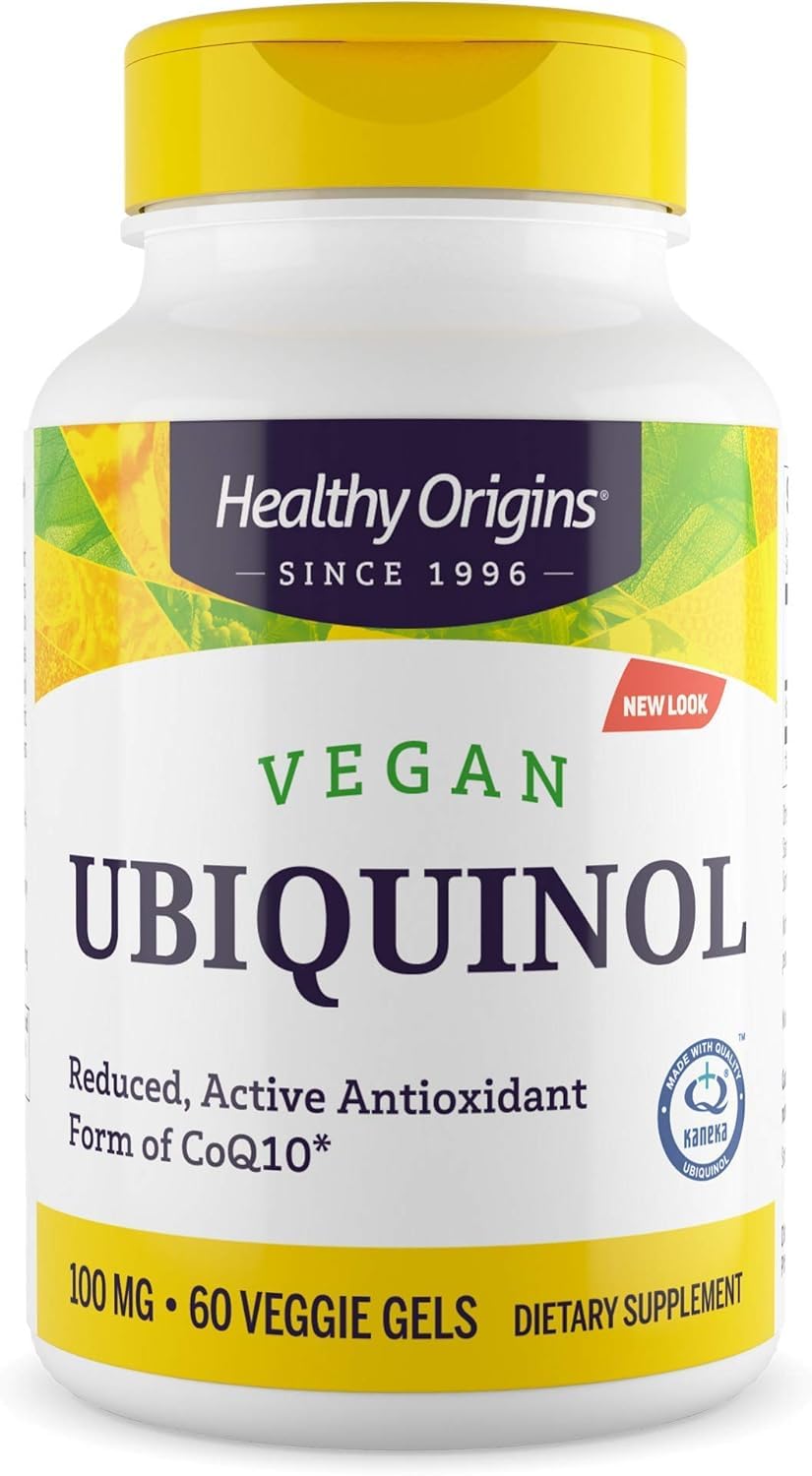 Healthy Origins Vegan Ubiquinol 100 mg bottle on a clean surface for daily antioxidant support.