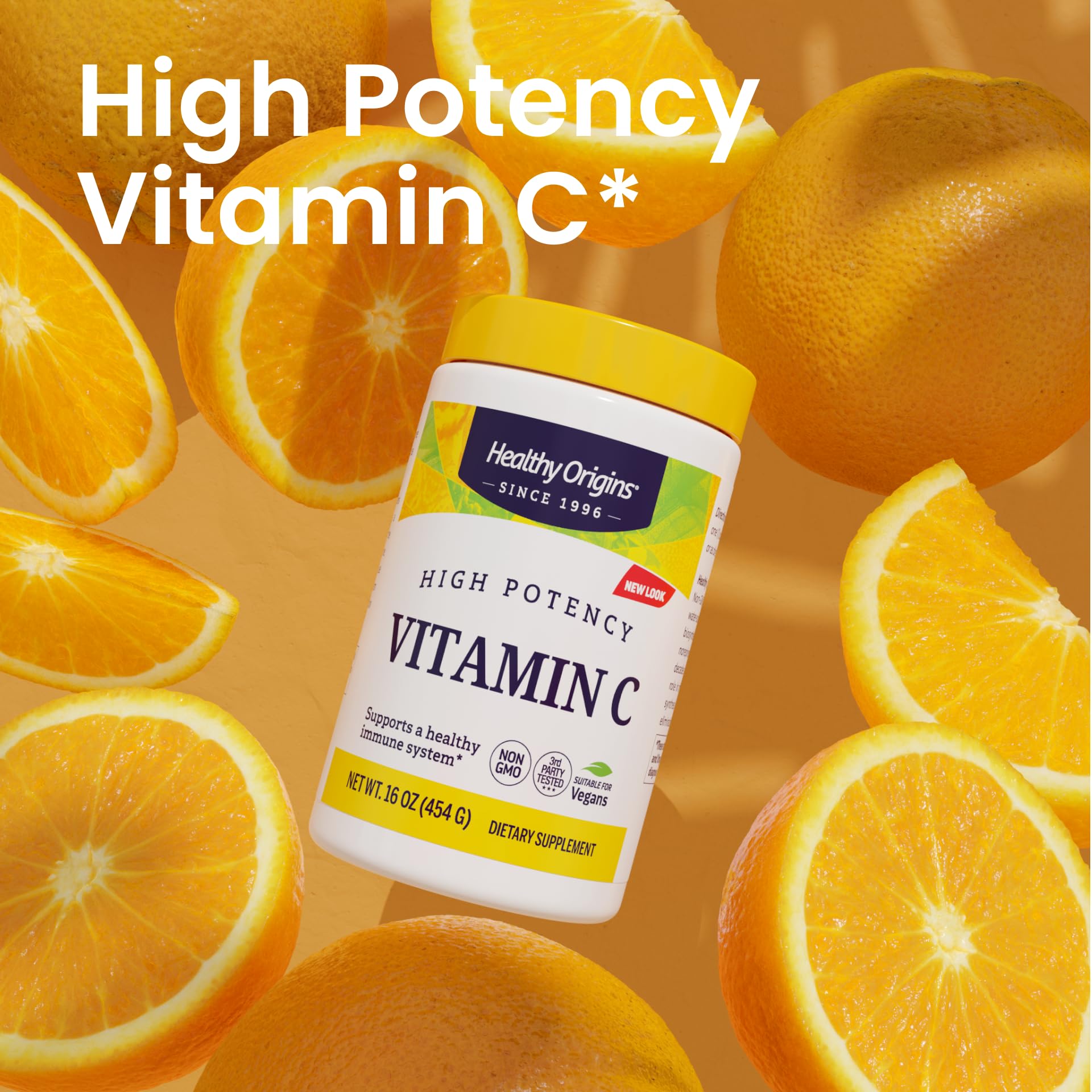 Healthy Origins Vitamin C Powder label emphasizes Non-GMO and vegan formulation.