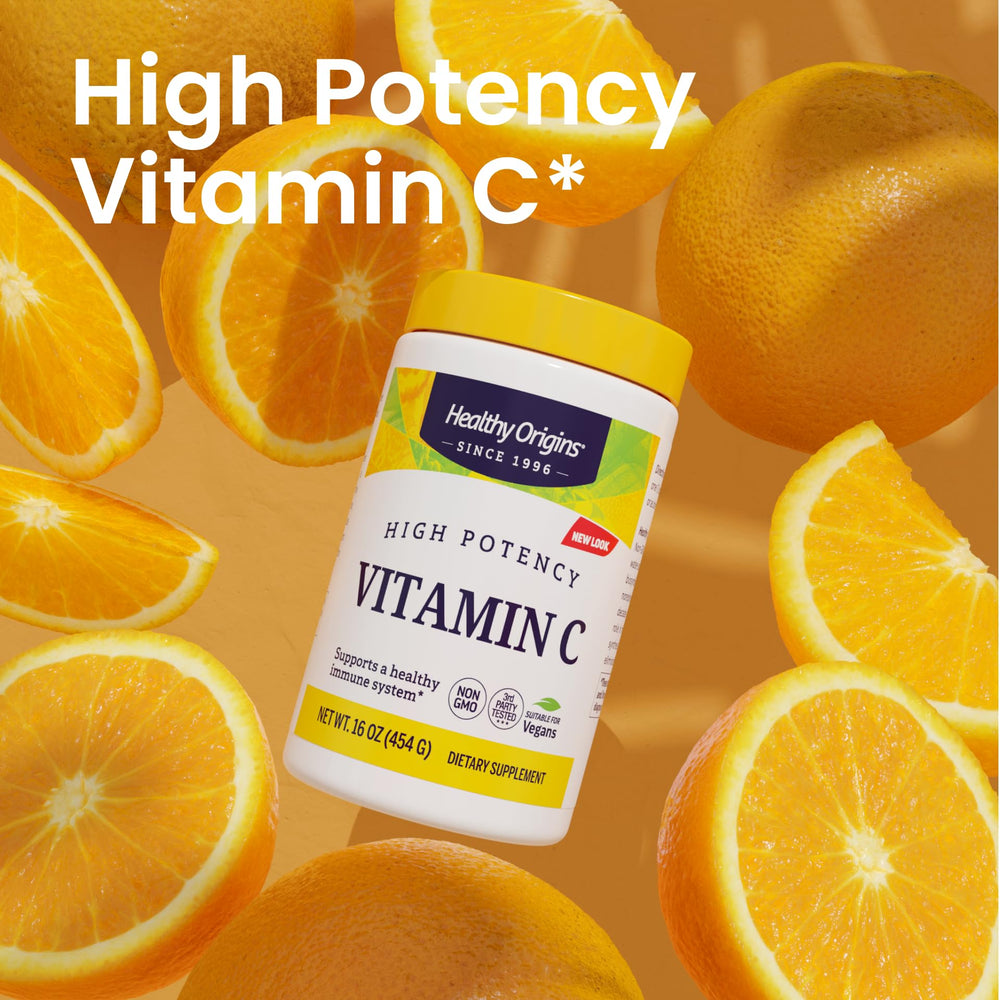 Healthy Origins Vitamin C Powder label emphasizes Non-GMO and vegan formulation.