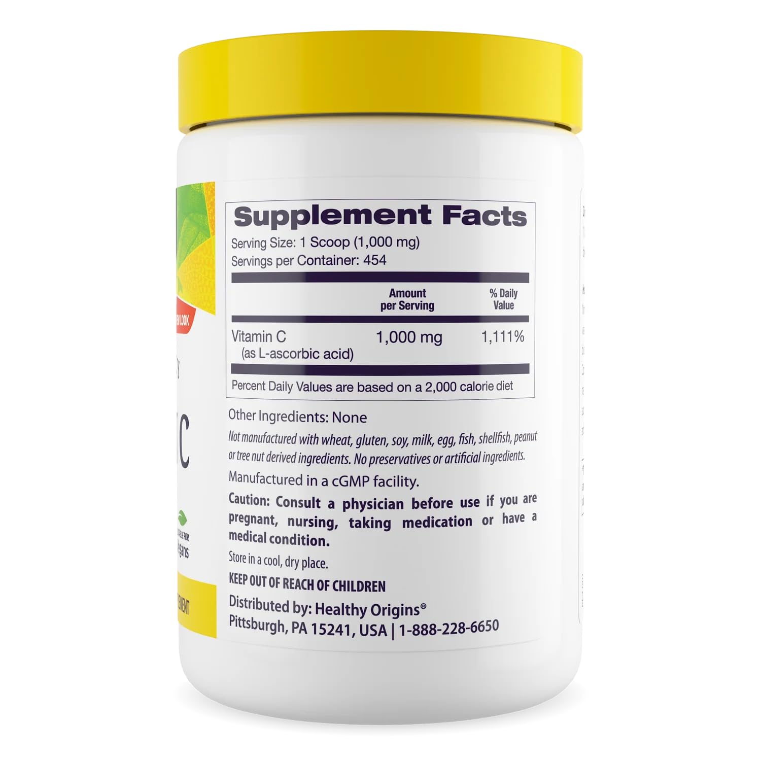 Healthy Origins Vitamin C Powder scoop demonstrates easy measuring for consistent daily dosage.