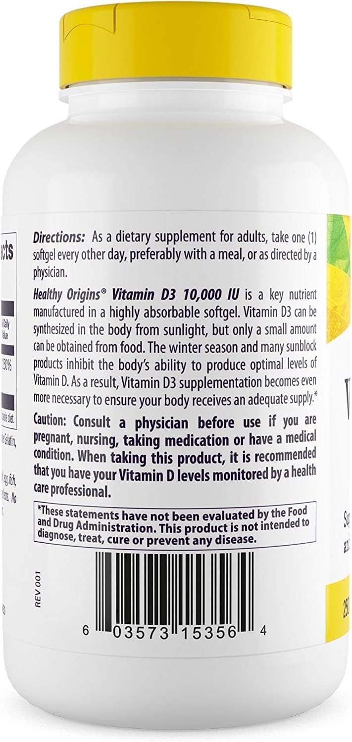 Healthy Origins Vitamin D3 label close-up emphasizing non-GMO and gluten free.