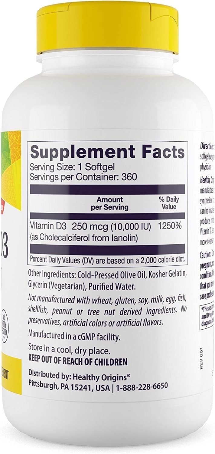 Healthy Origins Vitamin D3 softgels close-up highlighting high potency 10,000 IU.