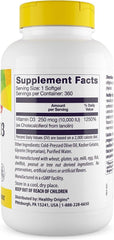 Healthy Origins Vitamin D3 softgels close-up highlighting high potency 10,000 IU.