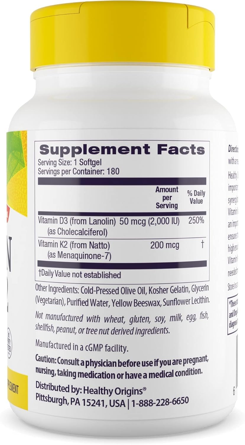 Healthy Origins d3 k2 bottle pour illustrating convenient softgels.