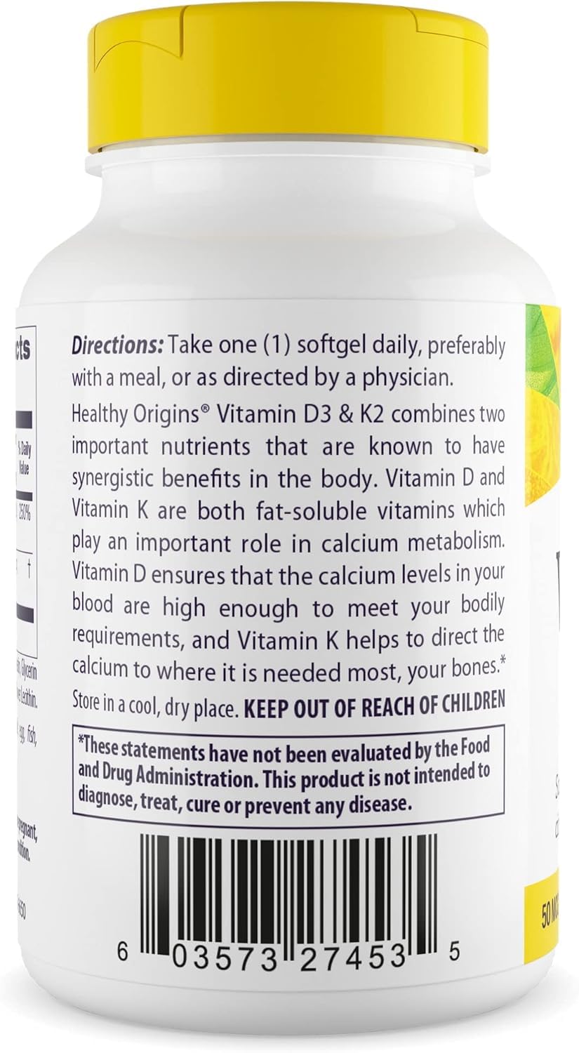 Healthy Origins vitamin d3 k2 label closeup emphasizing non-GMO and testing.