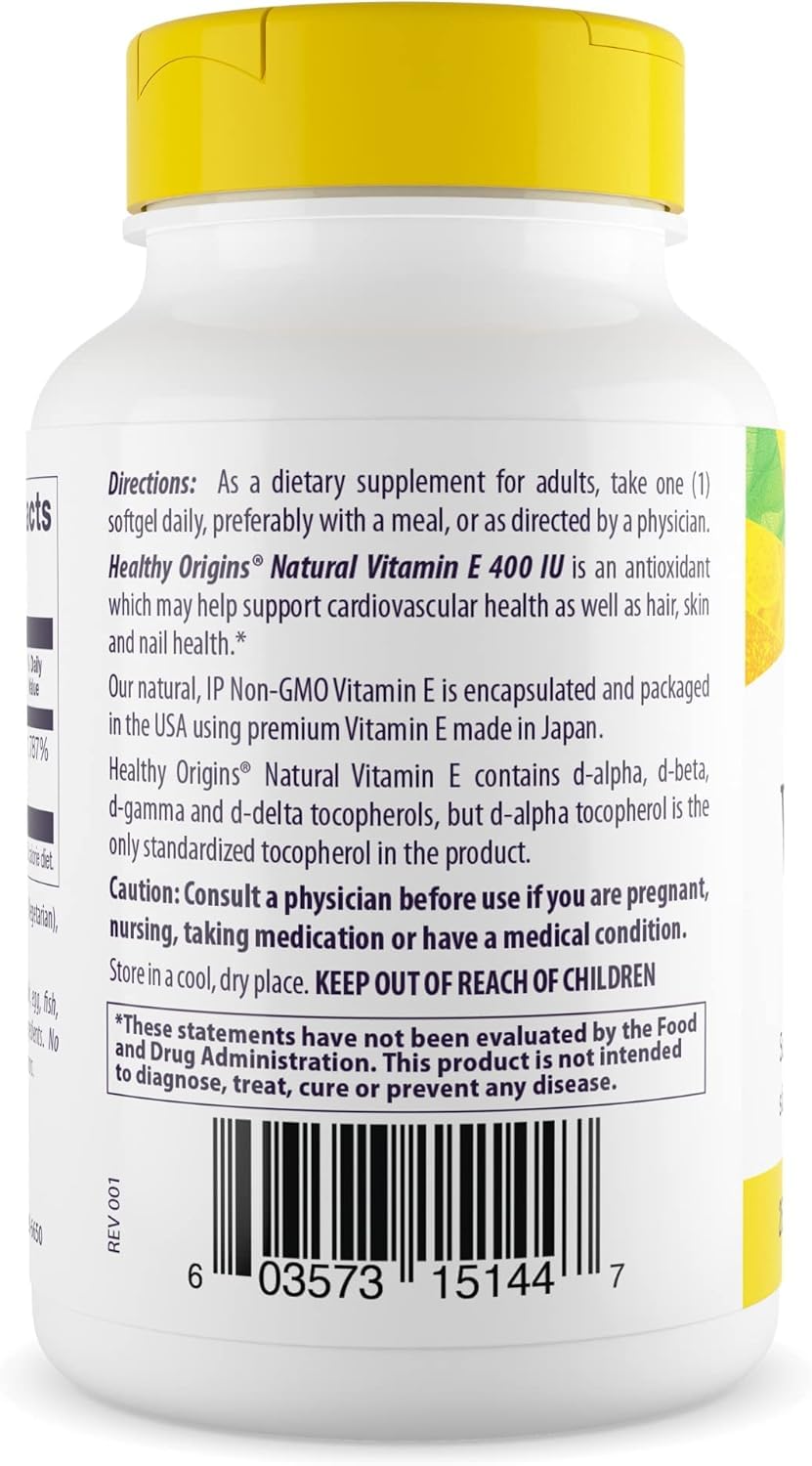 Healthy Origins Vitamin E 400 IU label closeup showing natural gluten-free formula.