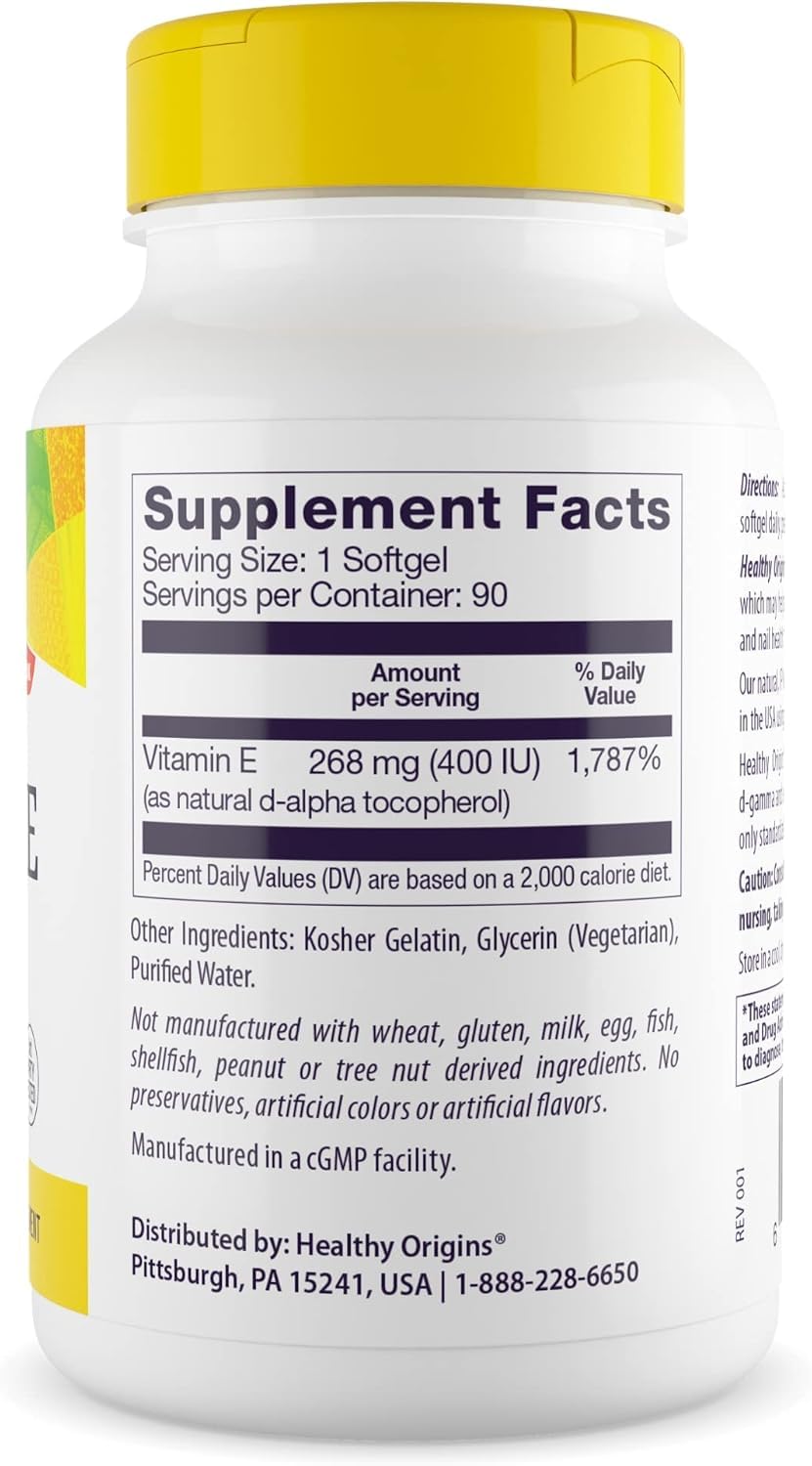 Healthy Origins Vitamin E 400 IU softgels stacked for daily use.