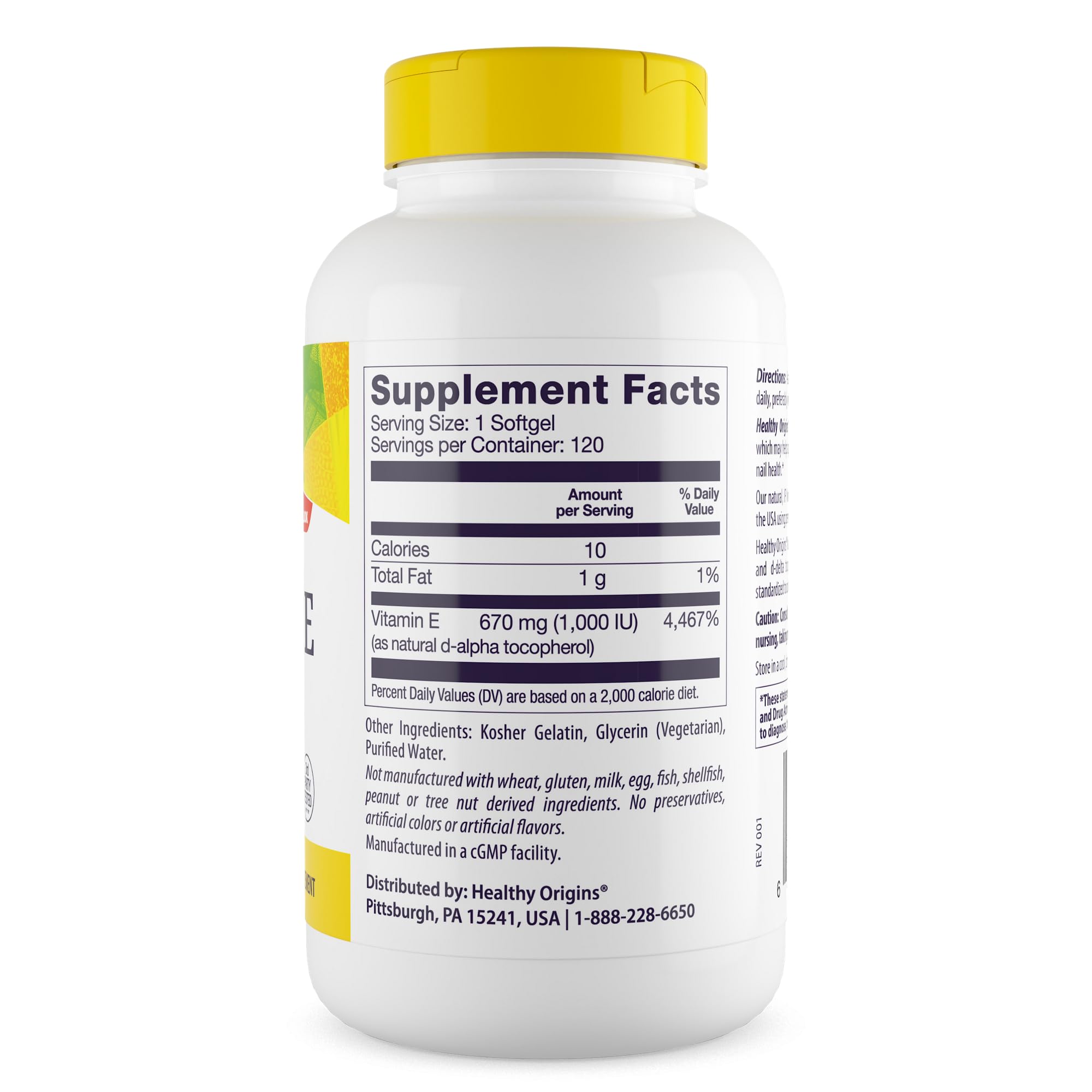 Healthy Origins Vitamin E gluten-free label on packaging.