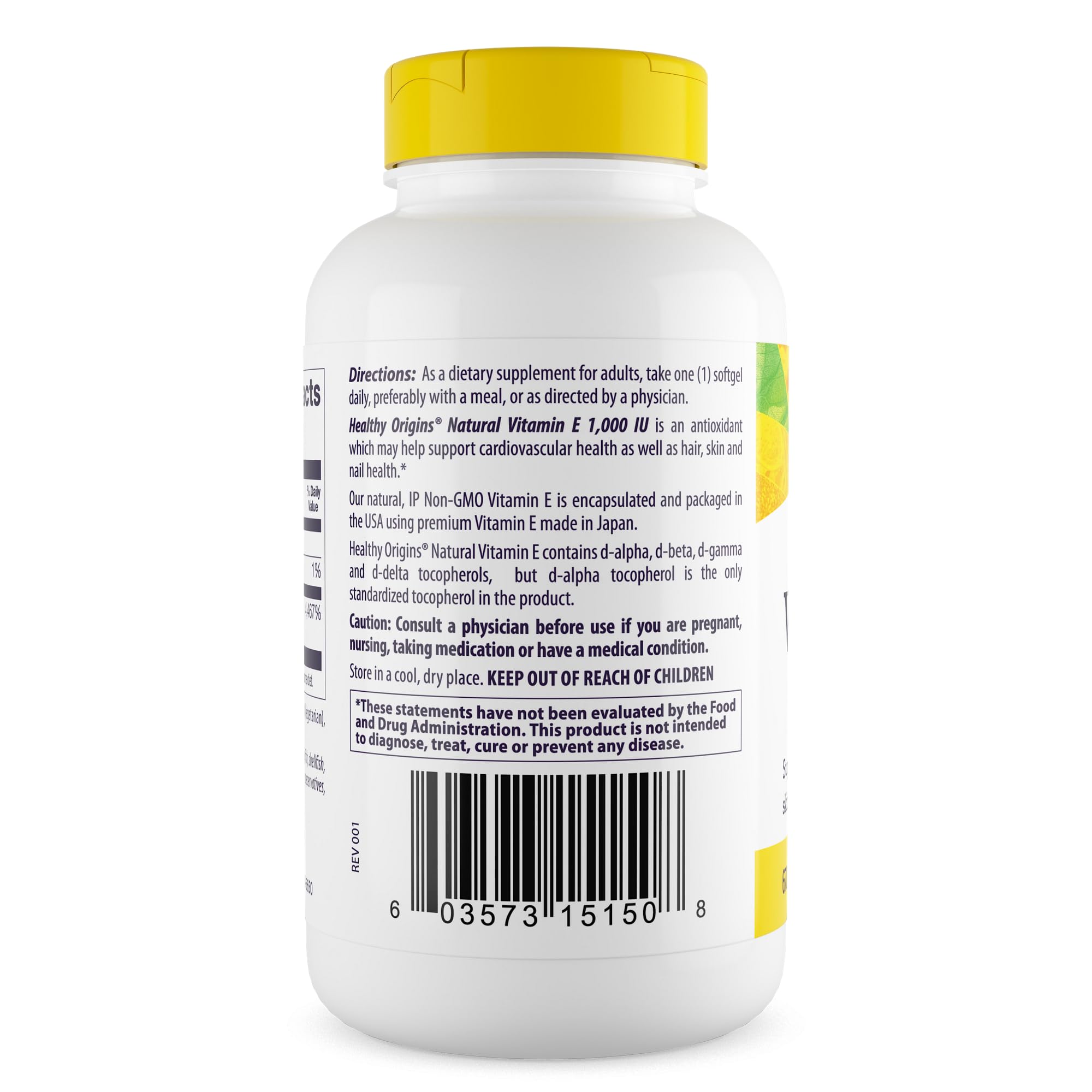 Close-up of Healthy Origins Vitamin E softgels for easy swallowing.