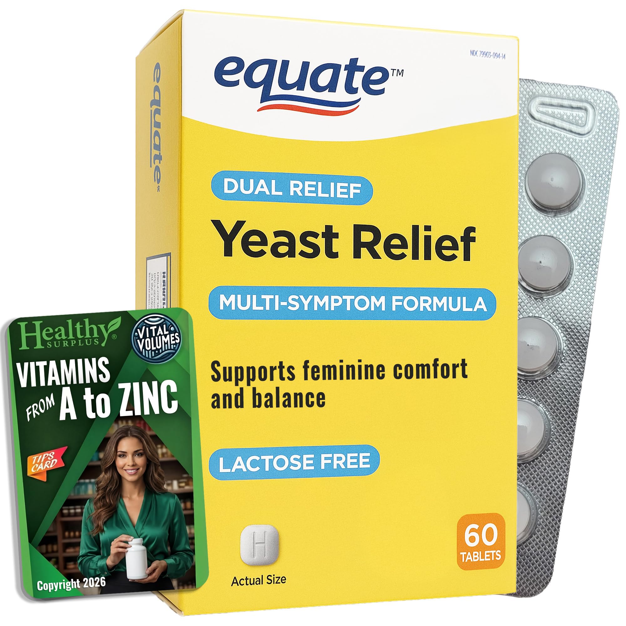 Healthy Surplus Equate Yeast Relief bottle with 60 tablets for convenient use