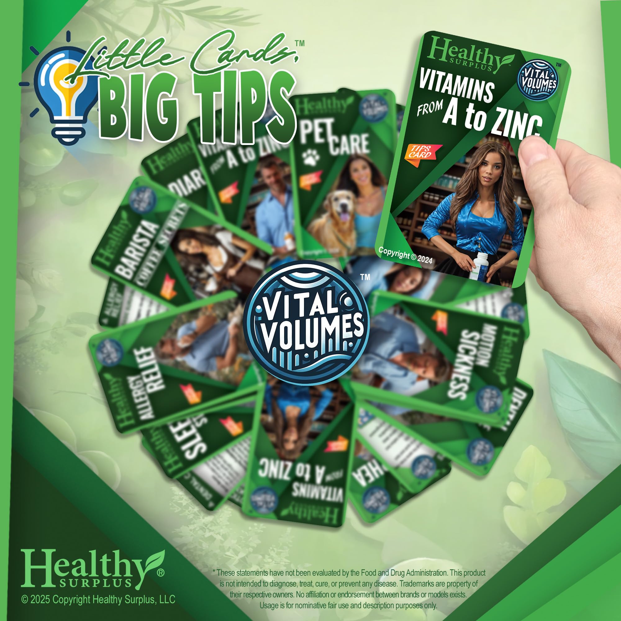 Healthy Surplus Vital Volumes Tips Card interior showing quick reminders