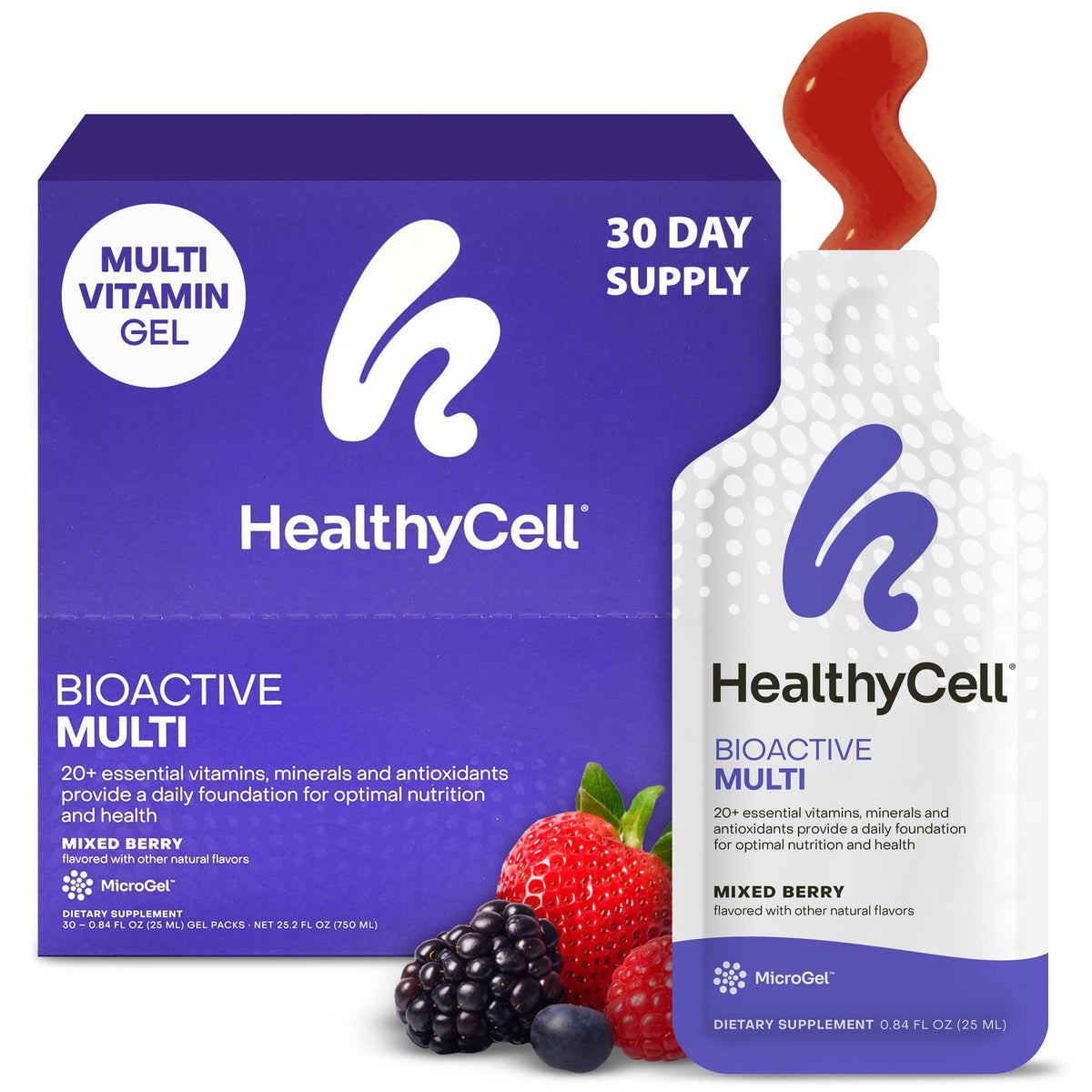HealthyCell Bioactive Daily multivitamin front-pack highlights convenient gel packs for daily wellness.