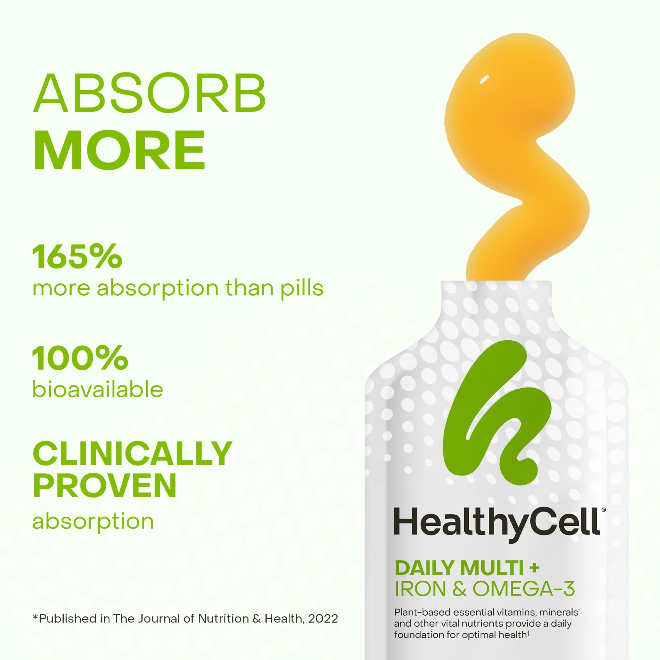 HealthyCell iron and omega-3 nutrients highlight heart health and energy support.