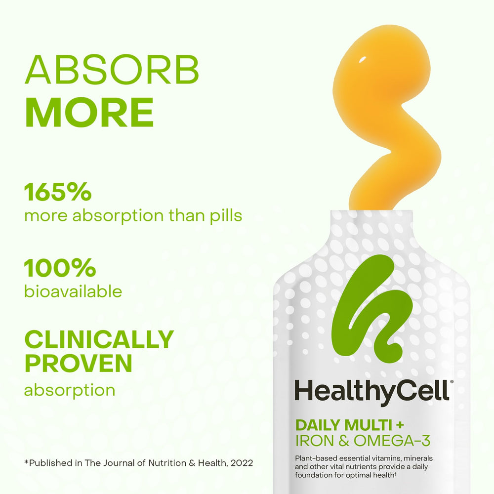 HealthyCell iron and omega-3 nutrients highlight heart health and energy support.