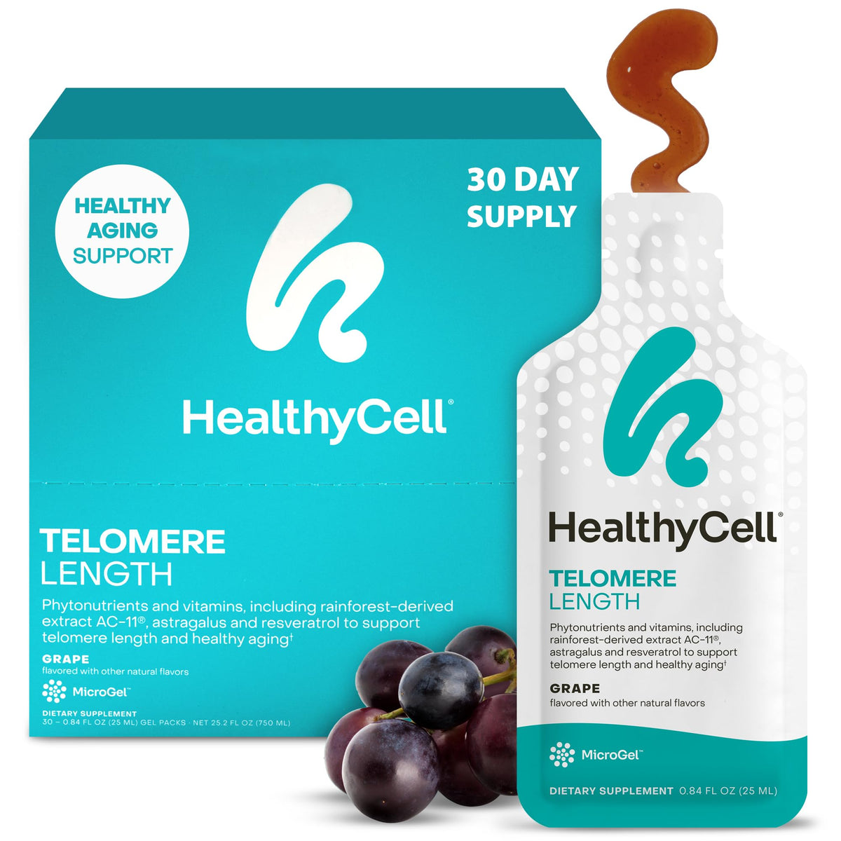 HealthyCell telomere-length microgel pack promoting cellular support and easy daily use.
