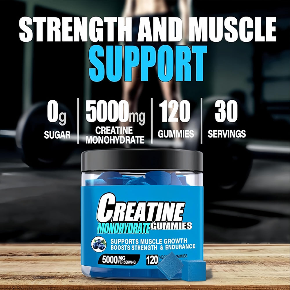 HealthyFinds Blueberry-flavor Creatine Gummies pack offers tasty workout refreshment.