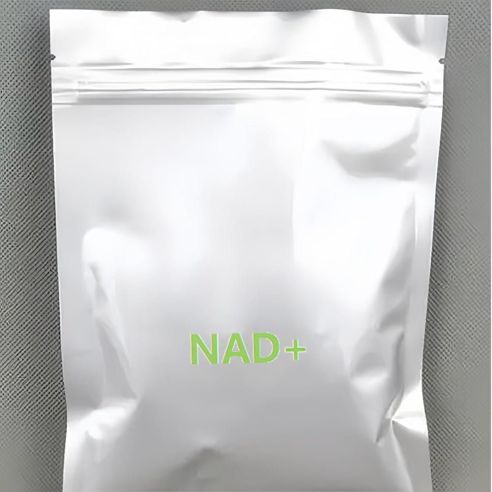 HealthyFinds NAD+ powder label close-up highlighting purity