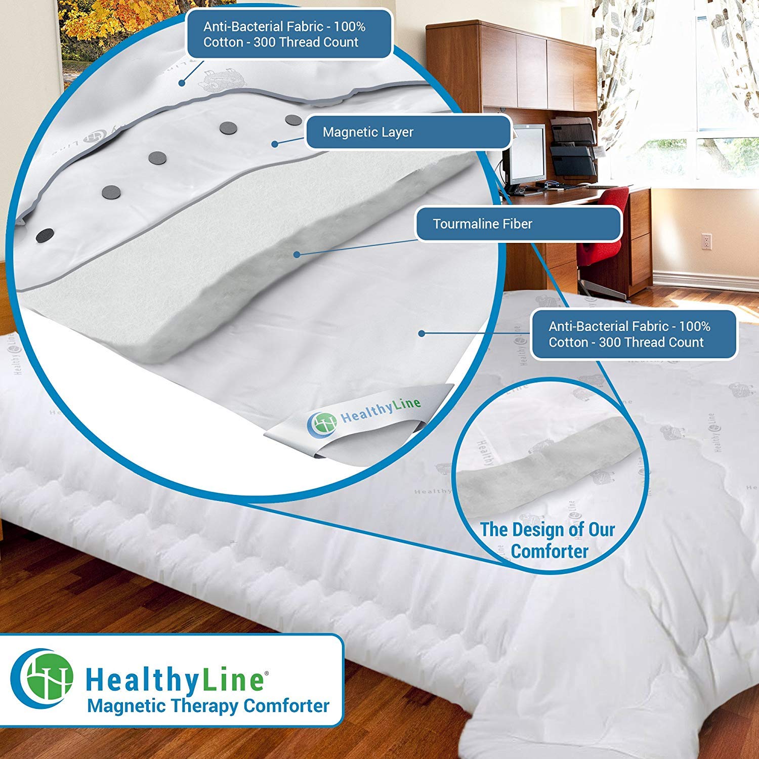 HealthyLine Tourmaline Fiber Filled Comforter on bed for cozy, breathable sleep layer.