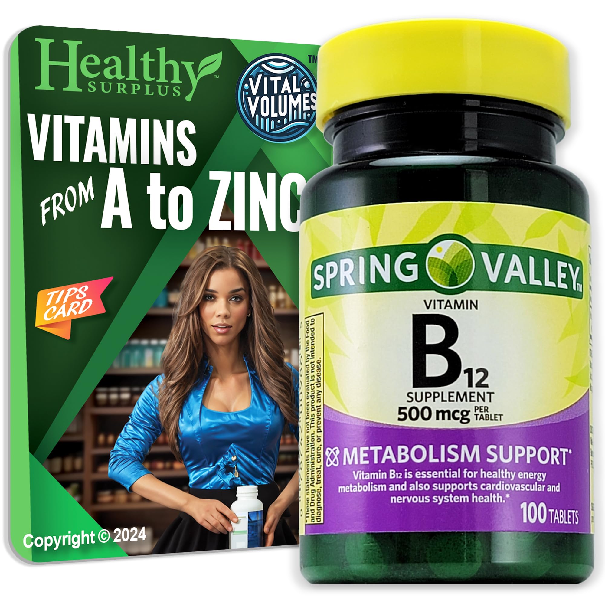 Healthy Surplus Vitamin B12 tablets bottle close-up for daily routine support.
