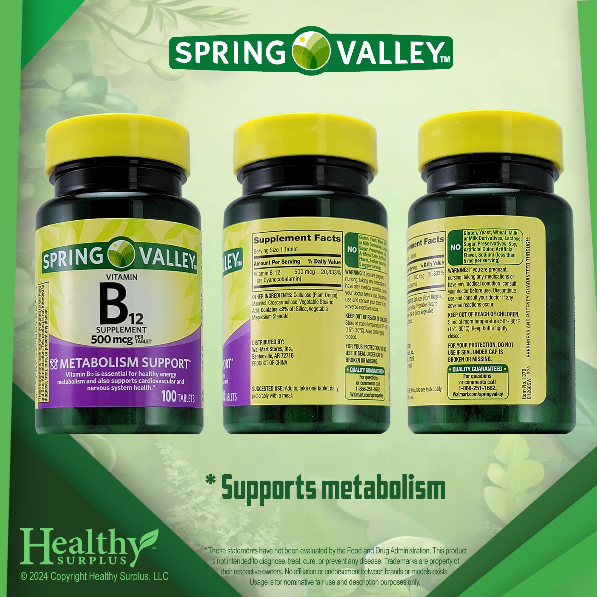 Healthy Surplus B12 tablets with dosage guide tips card shown.