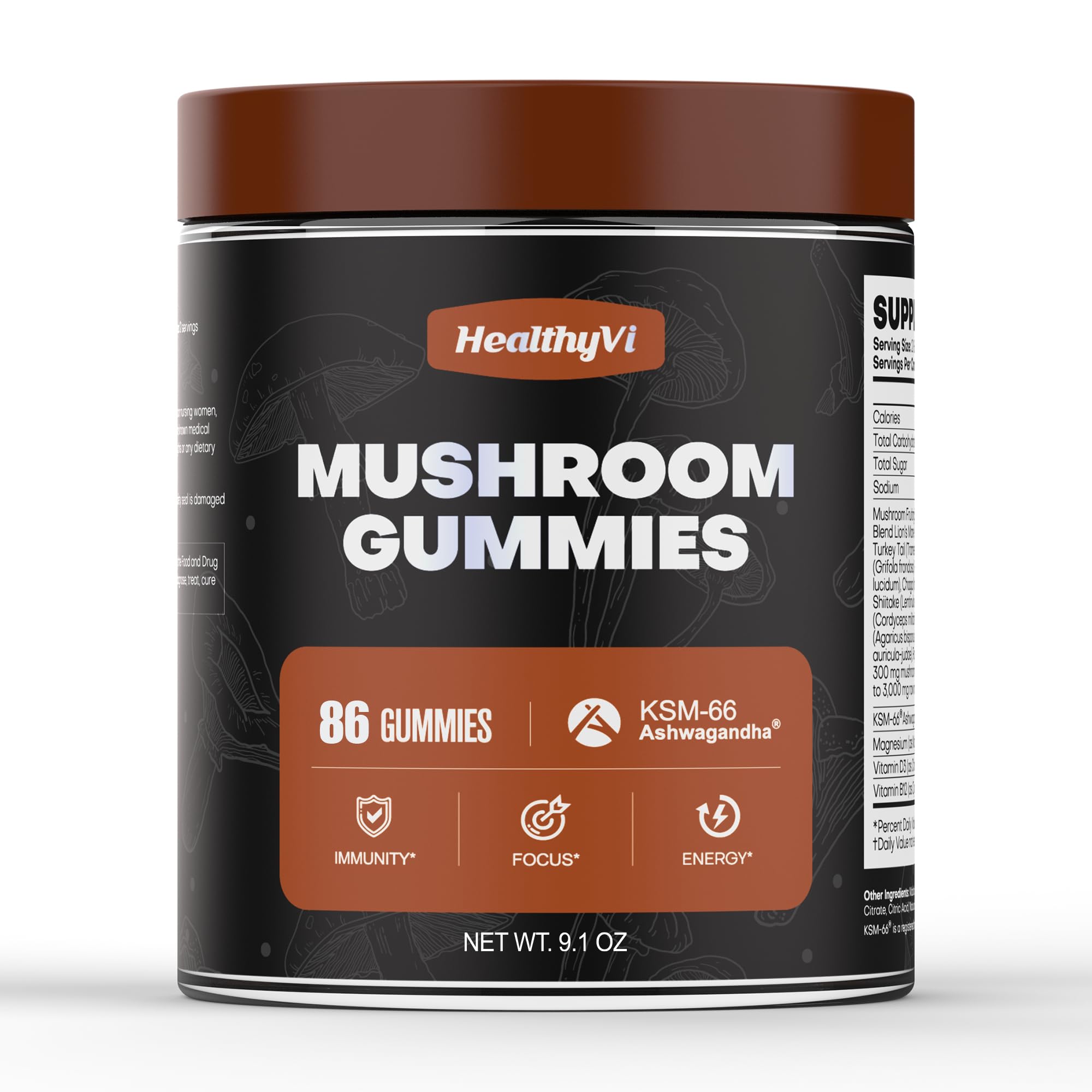 HealthyVi Mushroom Gummies bottle featuring reishi, cordyceps, and turkey tail for daily immune support.