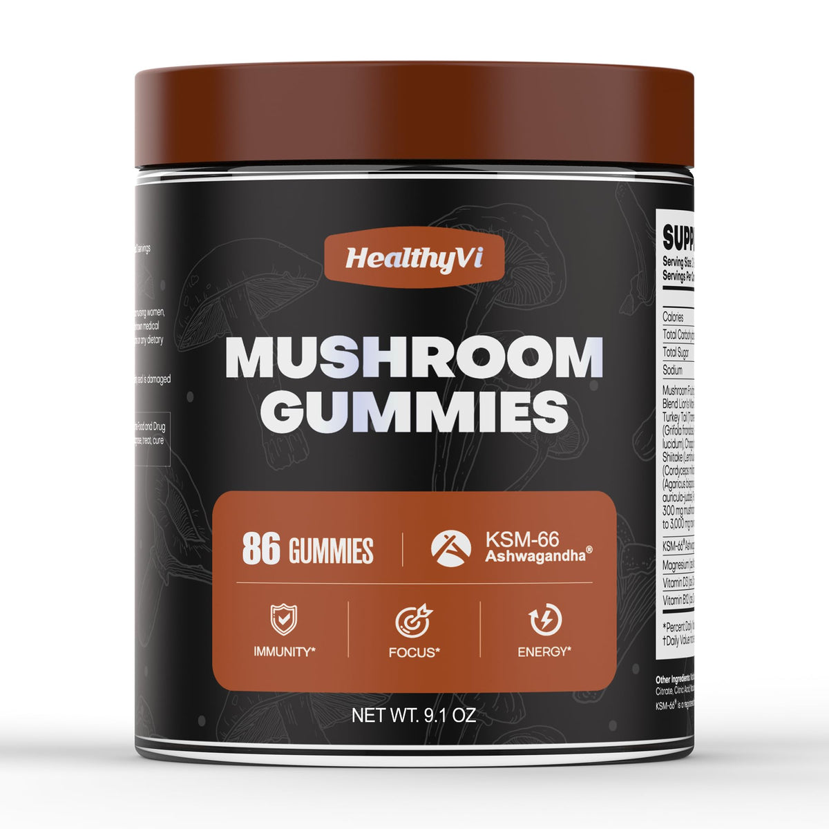 HealthyVi Mushroom Gummies bottle featuring reishi, cordyceps, and turkey tail for daily immune support.