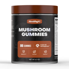 HealthyVi Mushroom Gummies bottle featuring reishi, cordyceps, and turkey tail for daily immune support.