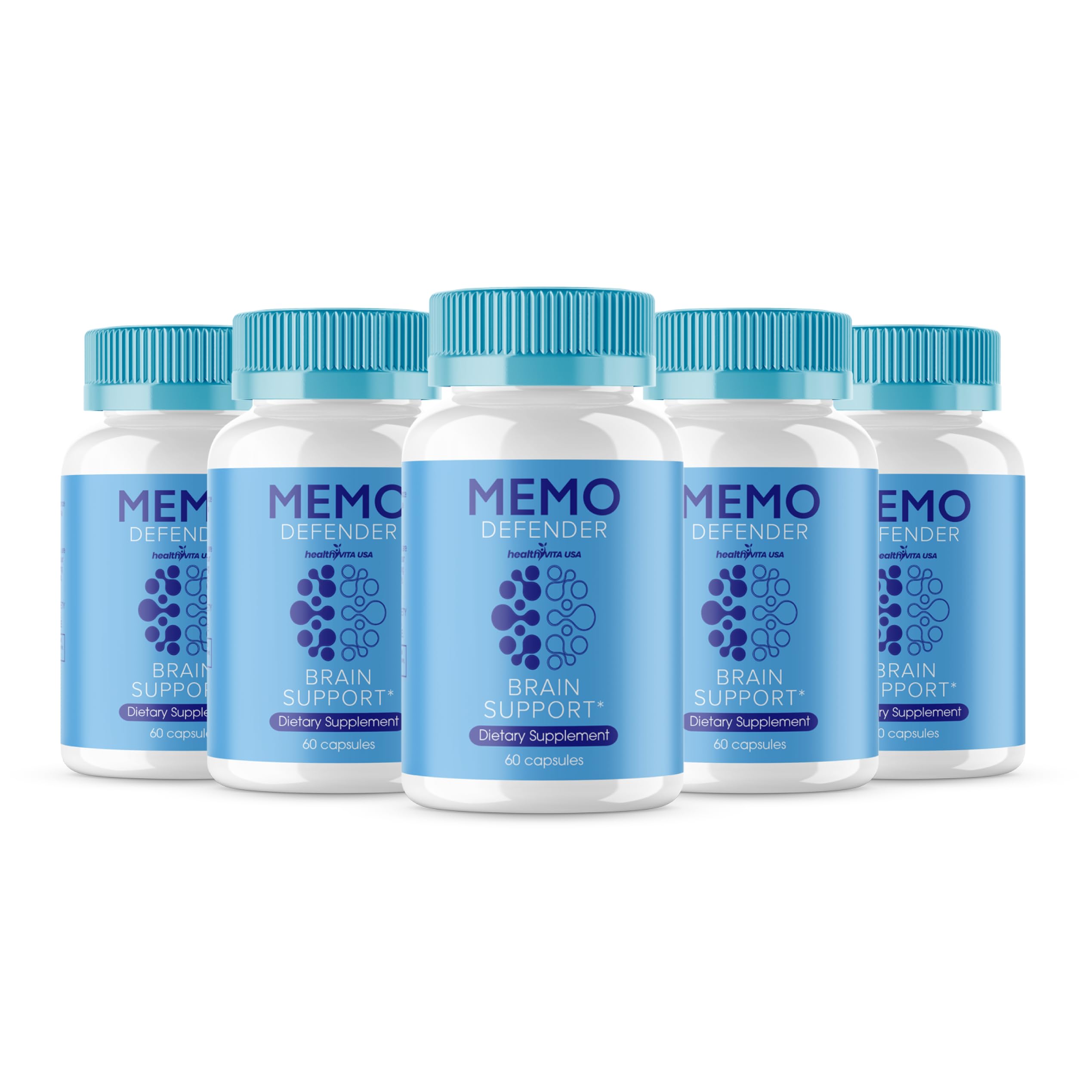 HealthyVita USA Memo Defender capsules bottle showing an all-natural formula for daily support