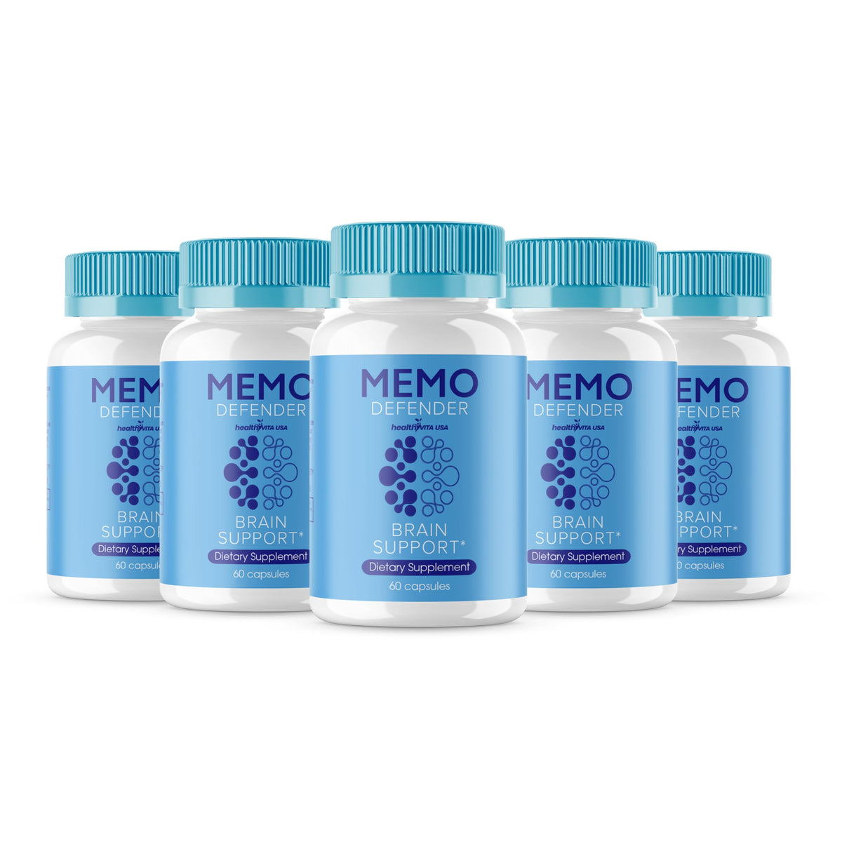 HealthyVita USA Memo Defender capsules bottle showing an all-natural formula for daily support