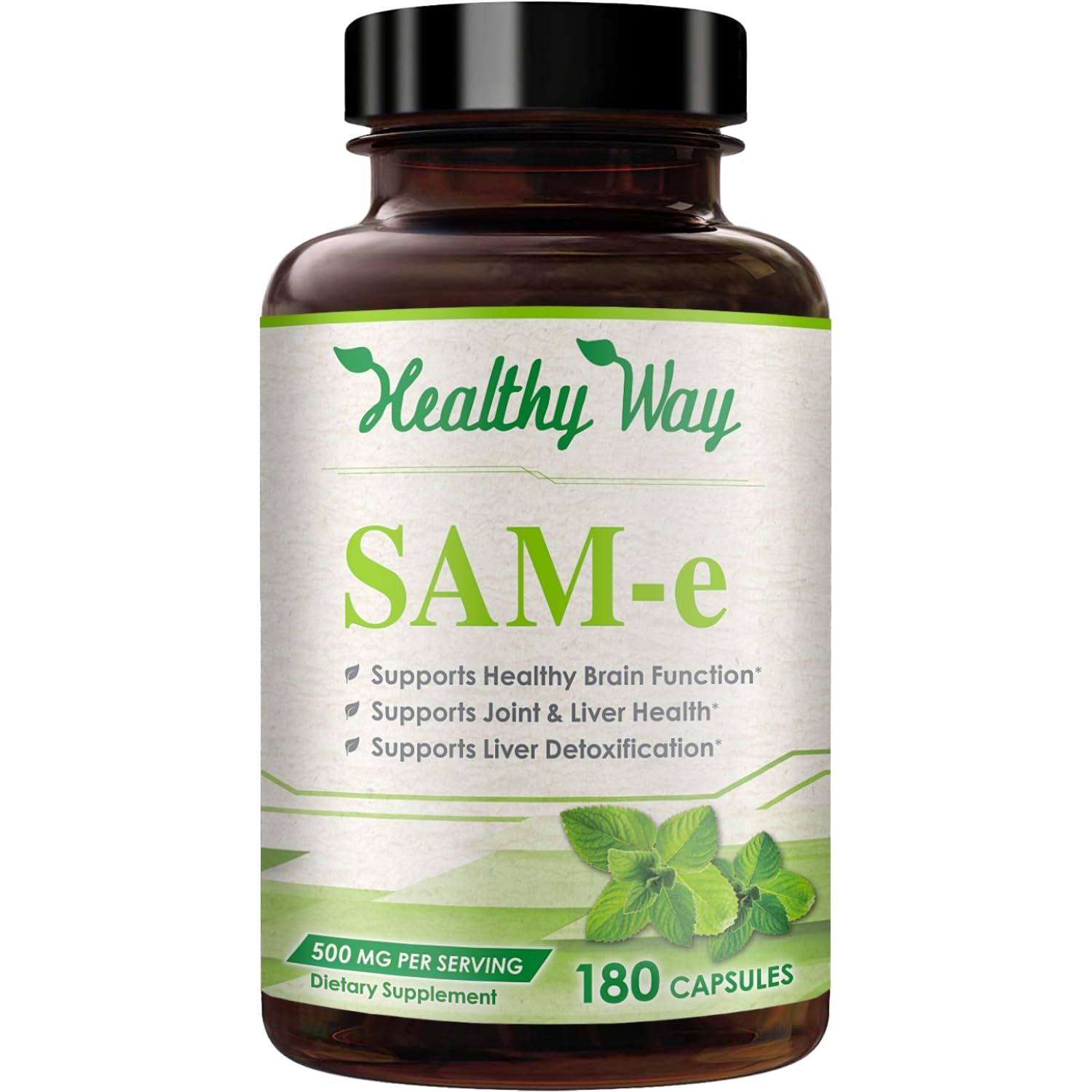 HealthyWayRx SAM-e 500mg bottle demonstrates high-strength brain support