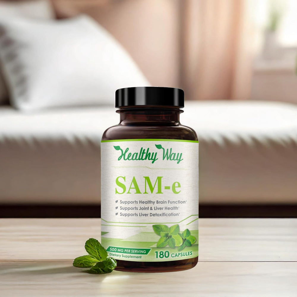 HealthyWayRx SAM-e bottle beside glass of water