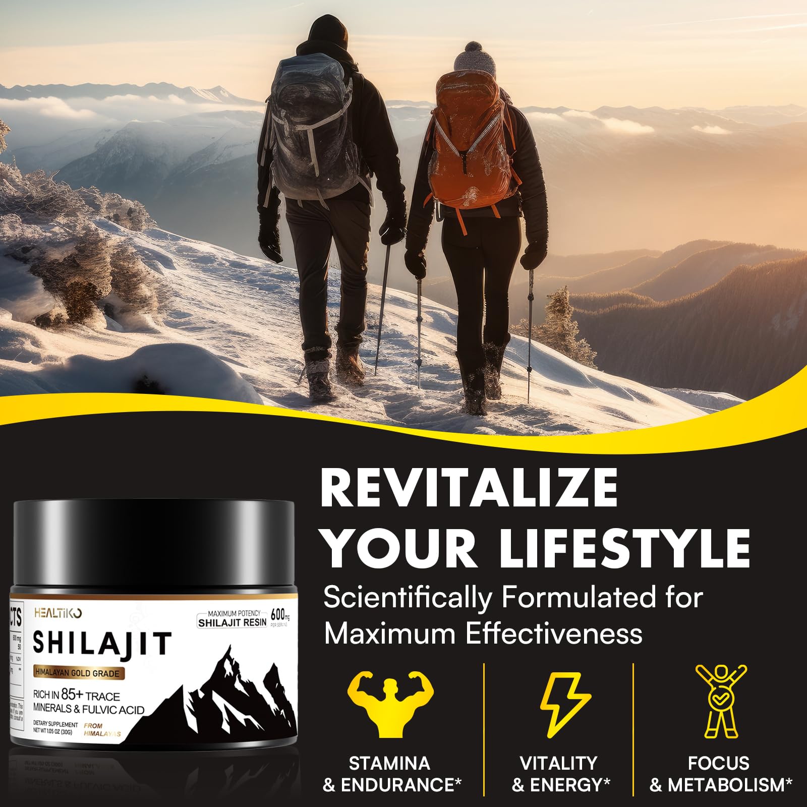 Healtiko Shilajit Resin vegan-friendly certification icon reinforces clean sourcing.