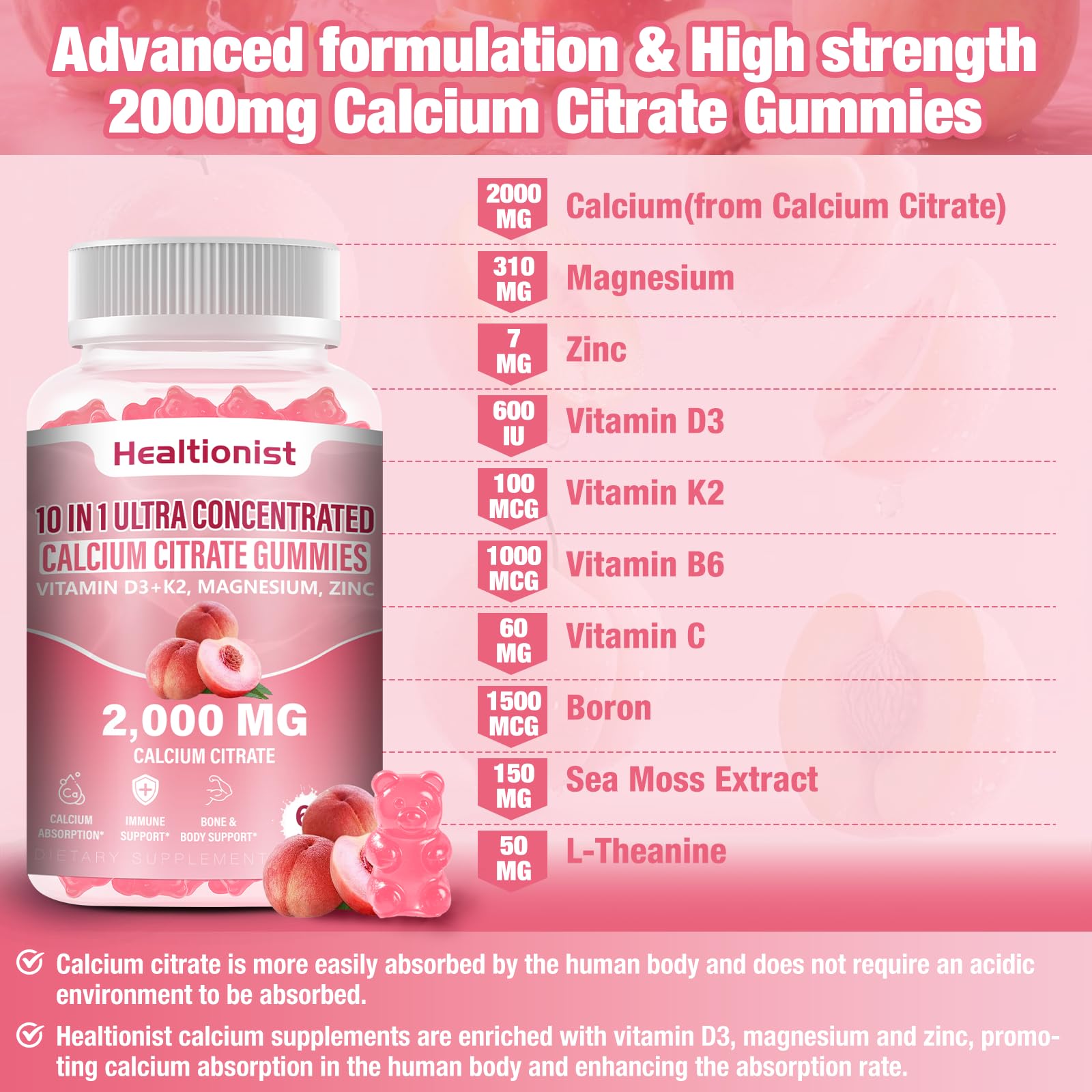 Healtionist bottle label highlights vitamin D3 and K2 for calcium utilization