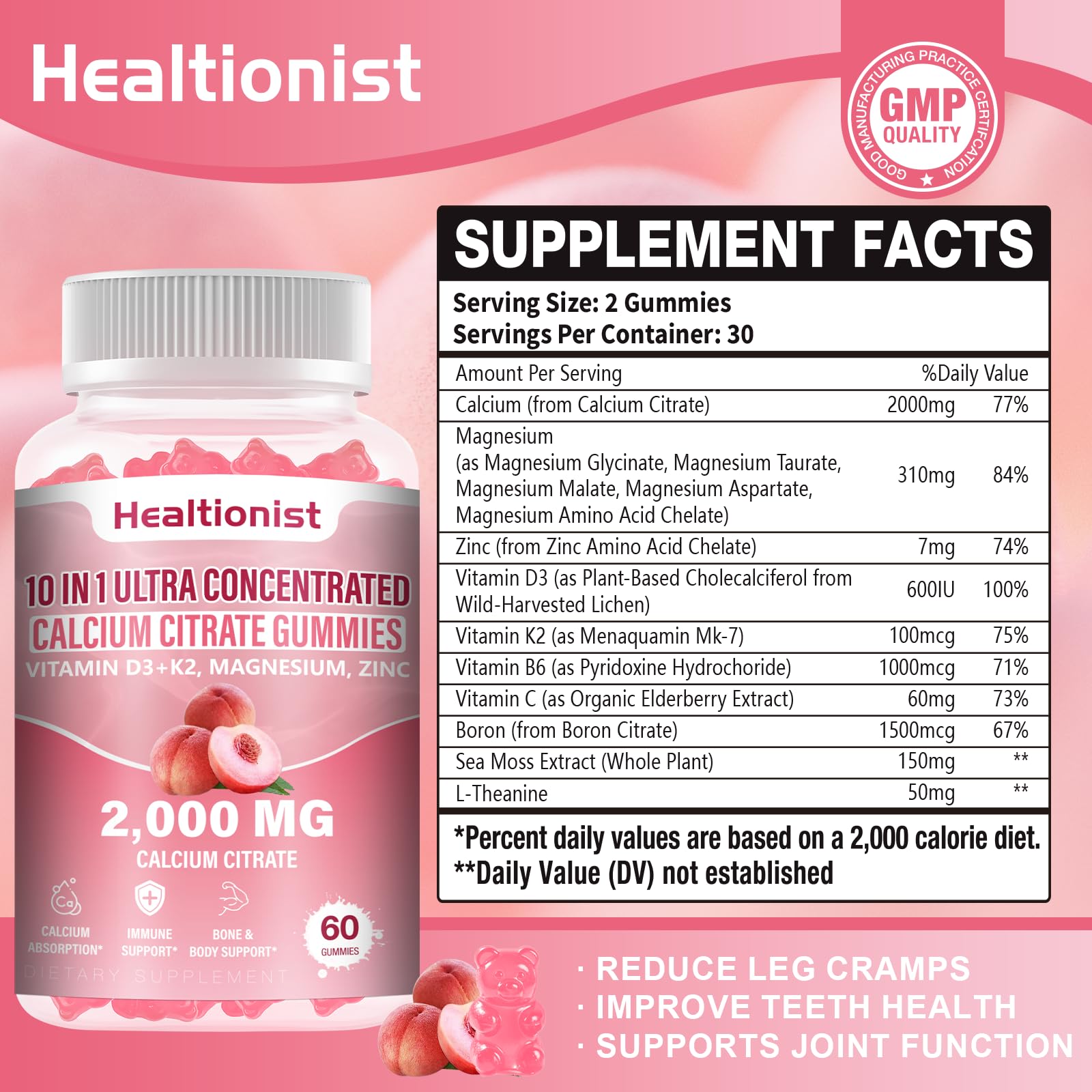Healtionist calcium citrate gummies close-up showing peach flavor