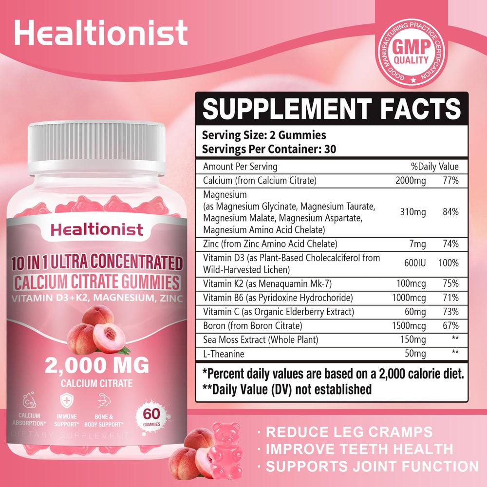 Healtionist calcium citrate gummies close-up showing peach flavor