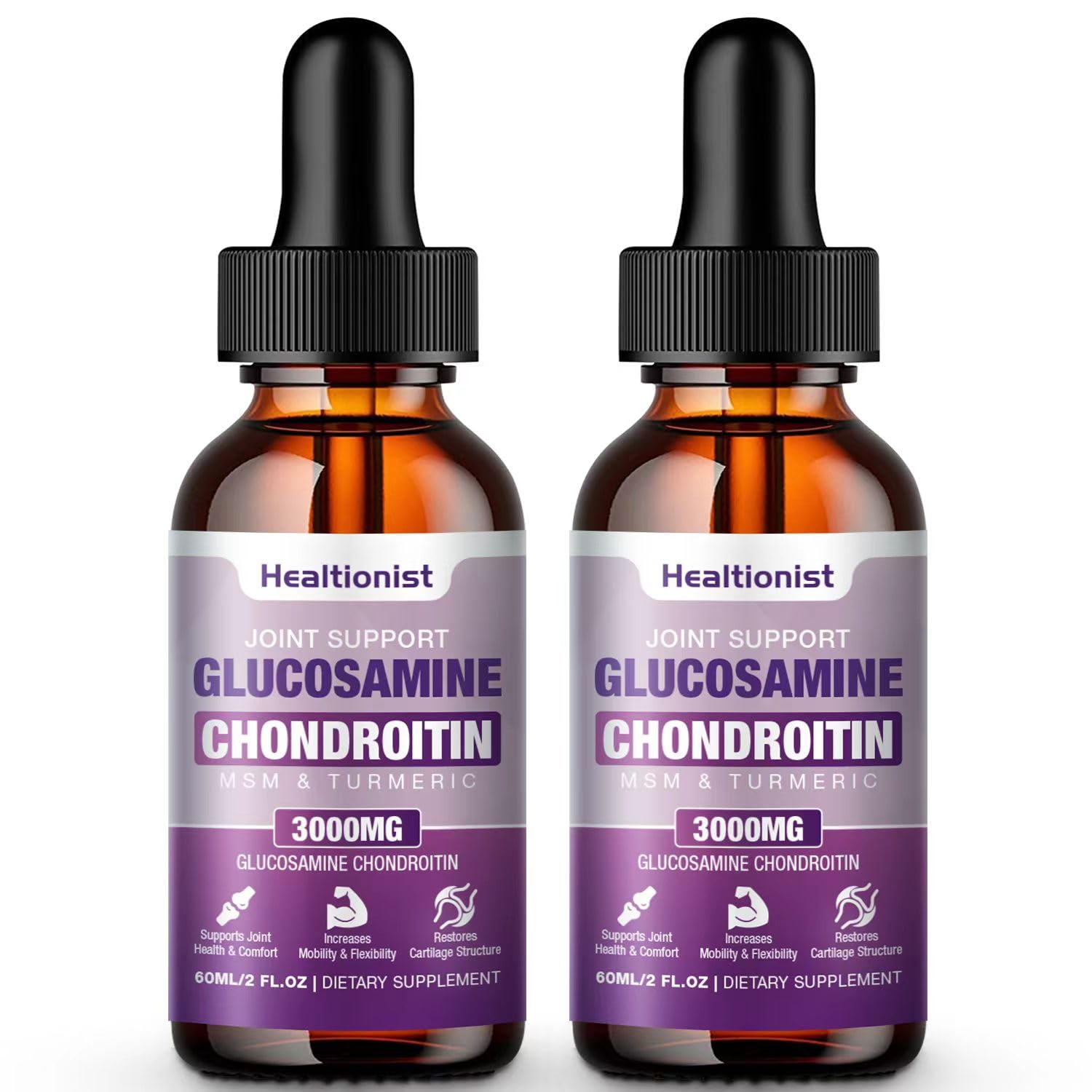 Healtionist glucosamine chondroitin liquid drops bottle supports daily joint comfort.