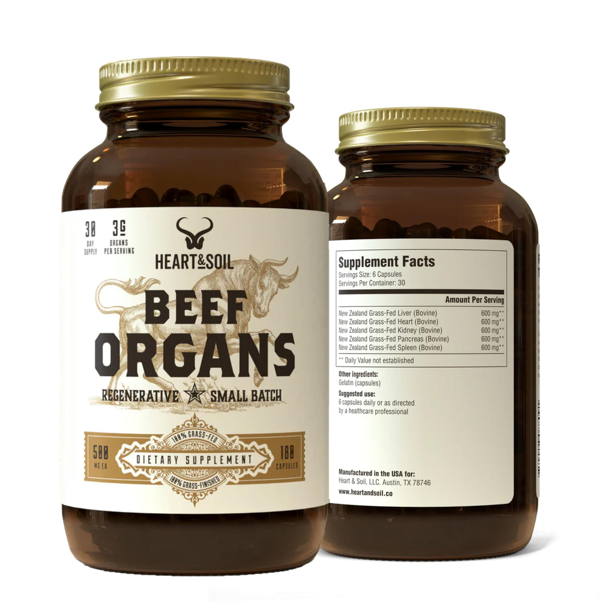 Heart & Soil beef organ supplement bottle with nutrient-dense blend for daily wellness.