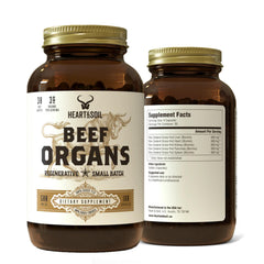 Heart & Soil beef organ supplement bottle with nutrient-dense blend for daily wellness.