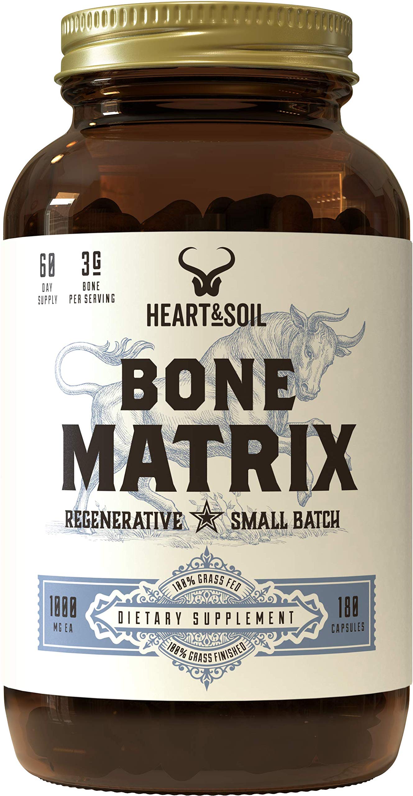 Heart & Soil Bone Matrix bottle on table supports joint comfort and daily vitality.