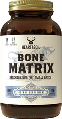 Heart & Soil Bone Matrix bottle on table supports joint comfort and daily vitality.