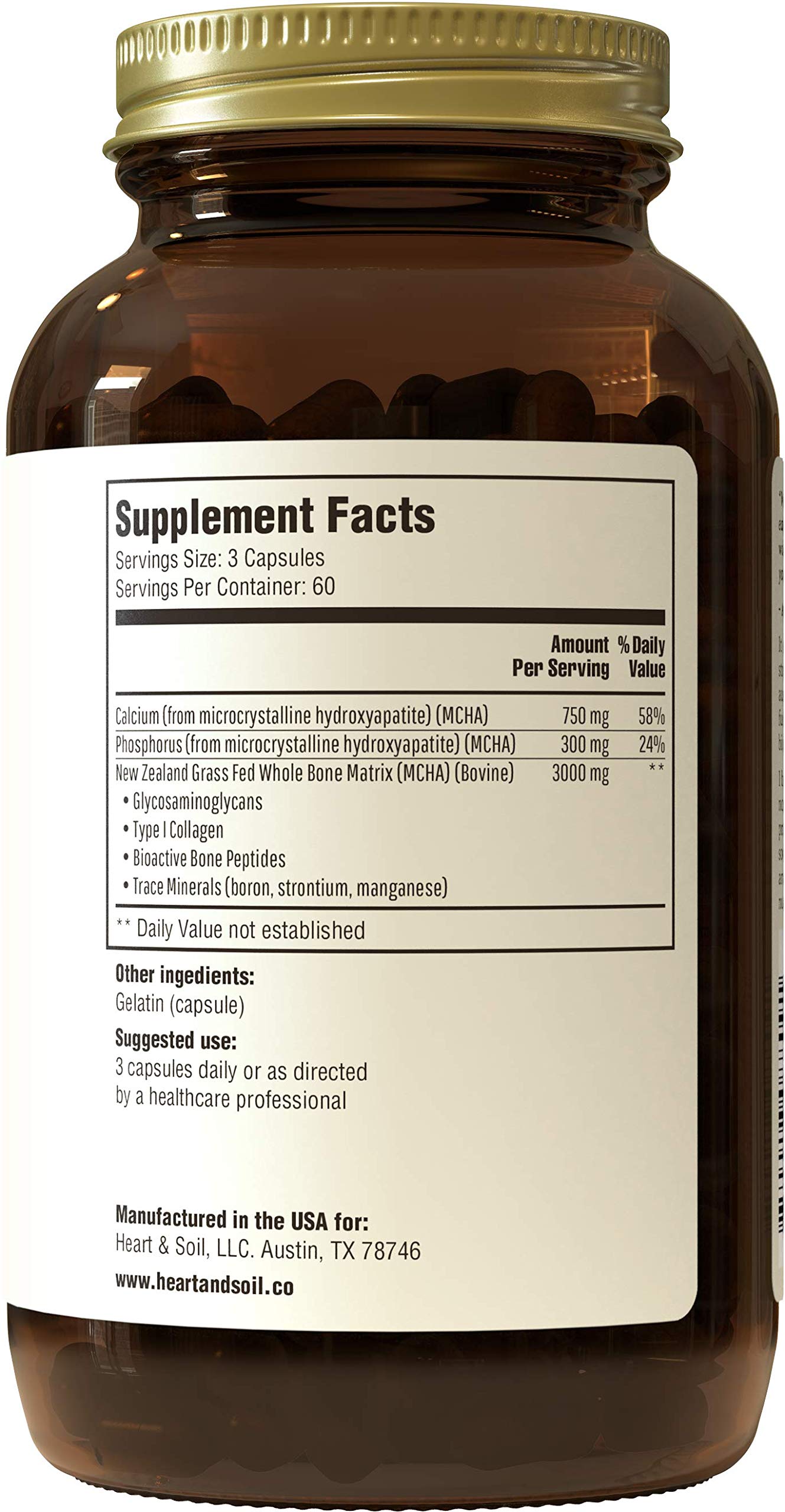 Closeup of Heart & Soil Bone Matrix capsules for easy daily supplementation.