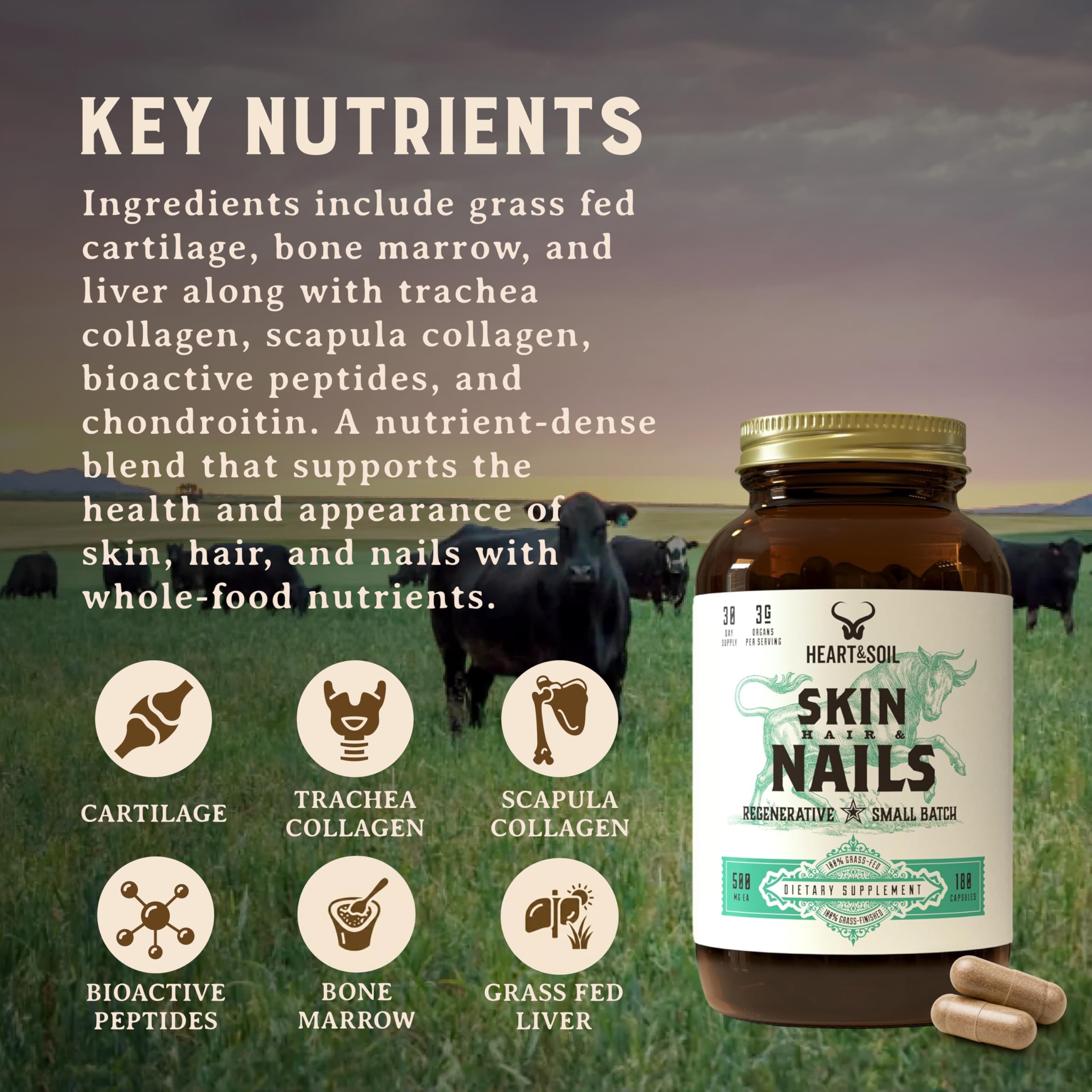 Heart & Soil product shot featuring clear bottle and rustic backdrop.