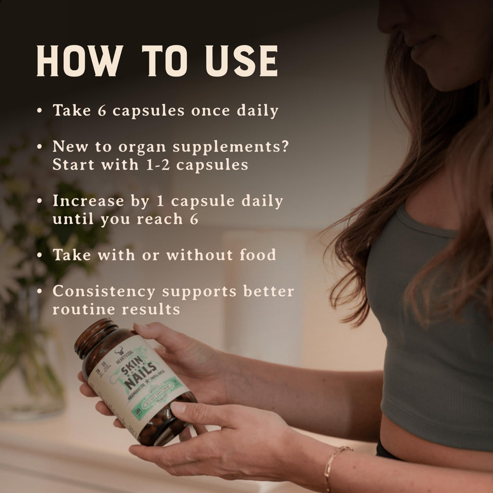 Heart & Soil bottle with dosage guidance for daily intake.