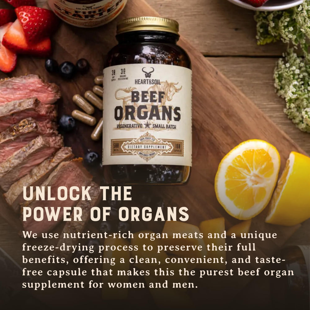 Heart & Soil spleen capsules suggesting complementary vitamins and peptides.