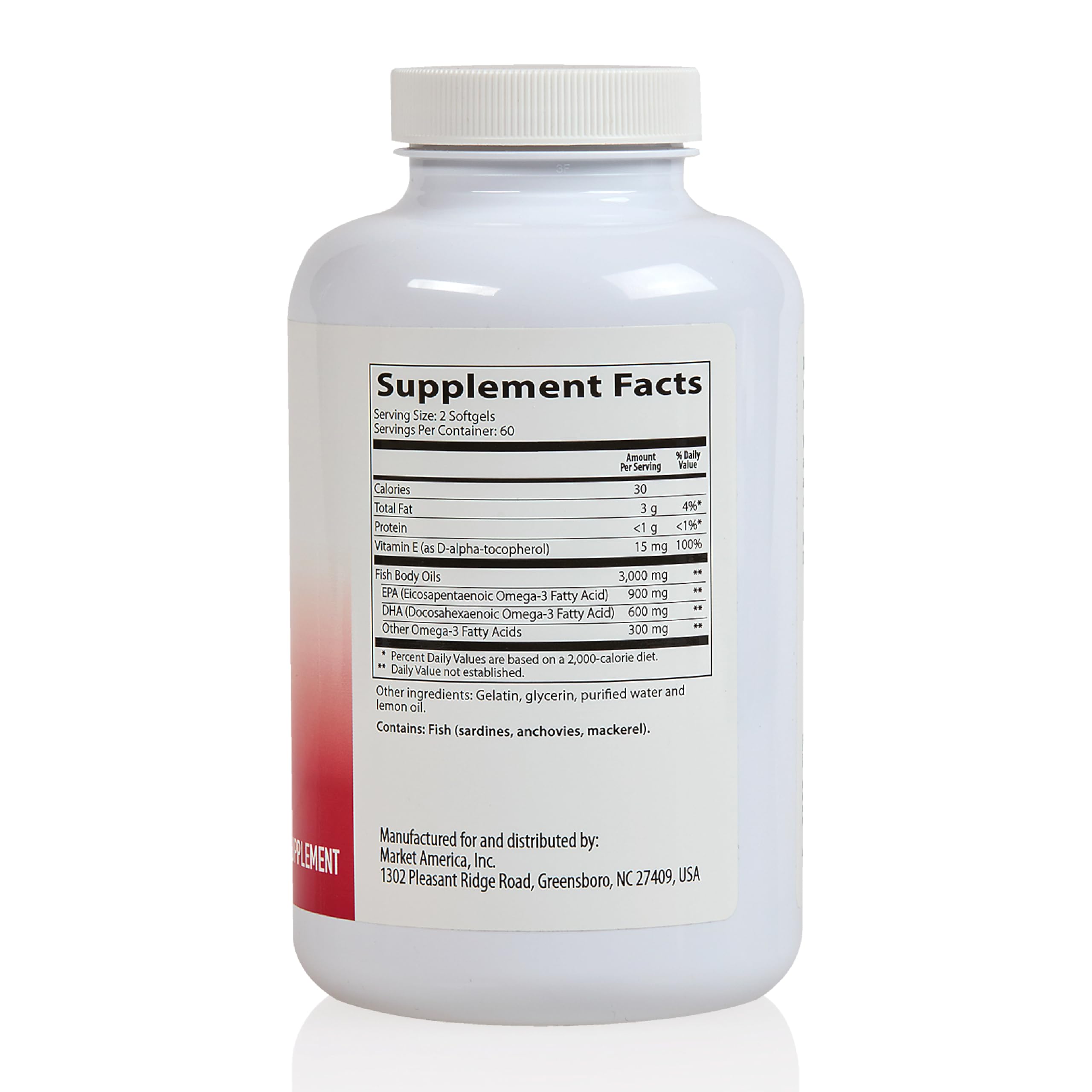 Gluten-free and Non-GMO label on Heart Health Omega III bottle.