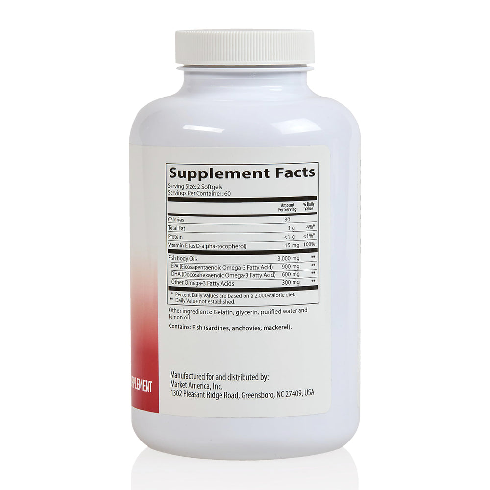 Gluten-free and Non-GMO label on Heart Health Omega III bottle.