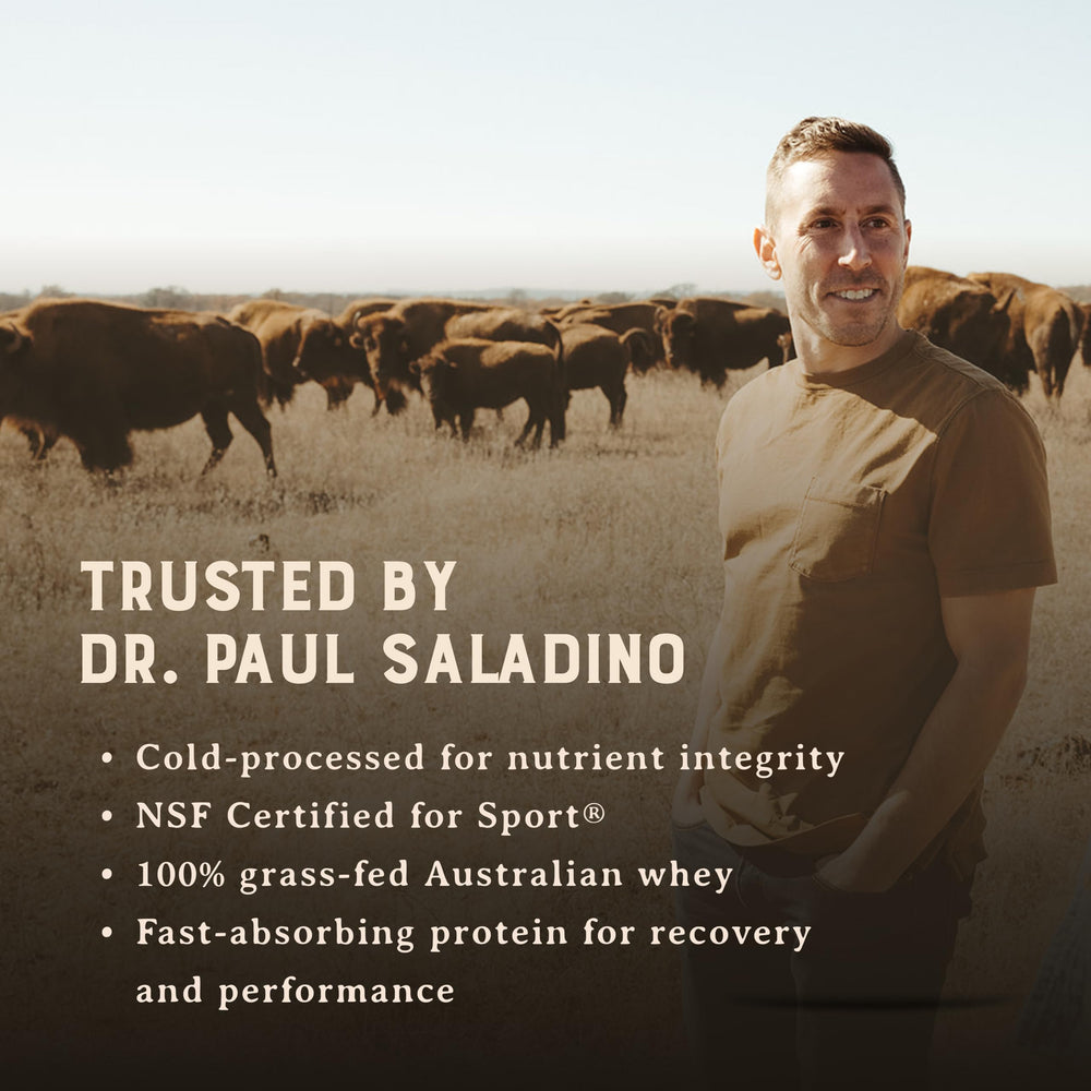 Front-label view of HEART & SOIL grass-fed whey protein.